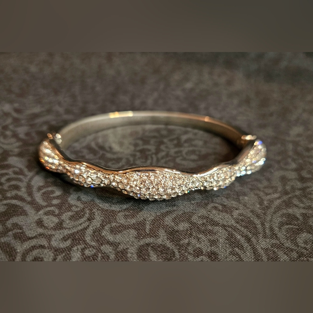 Silver-Tone Hinged Bangle Bracelet With Clear Rhinestones - Picture 4 of 4